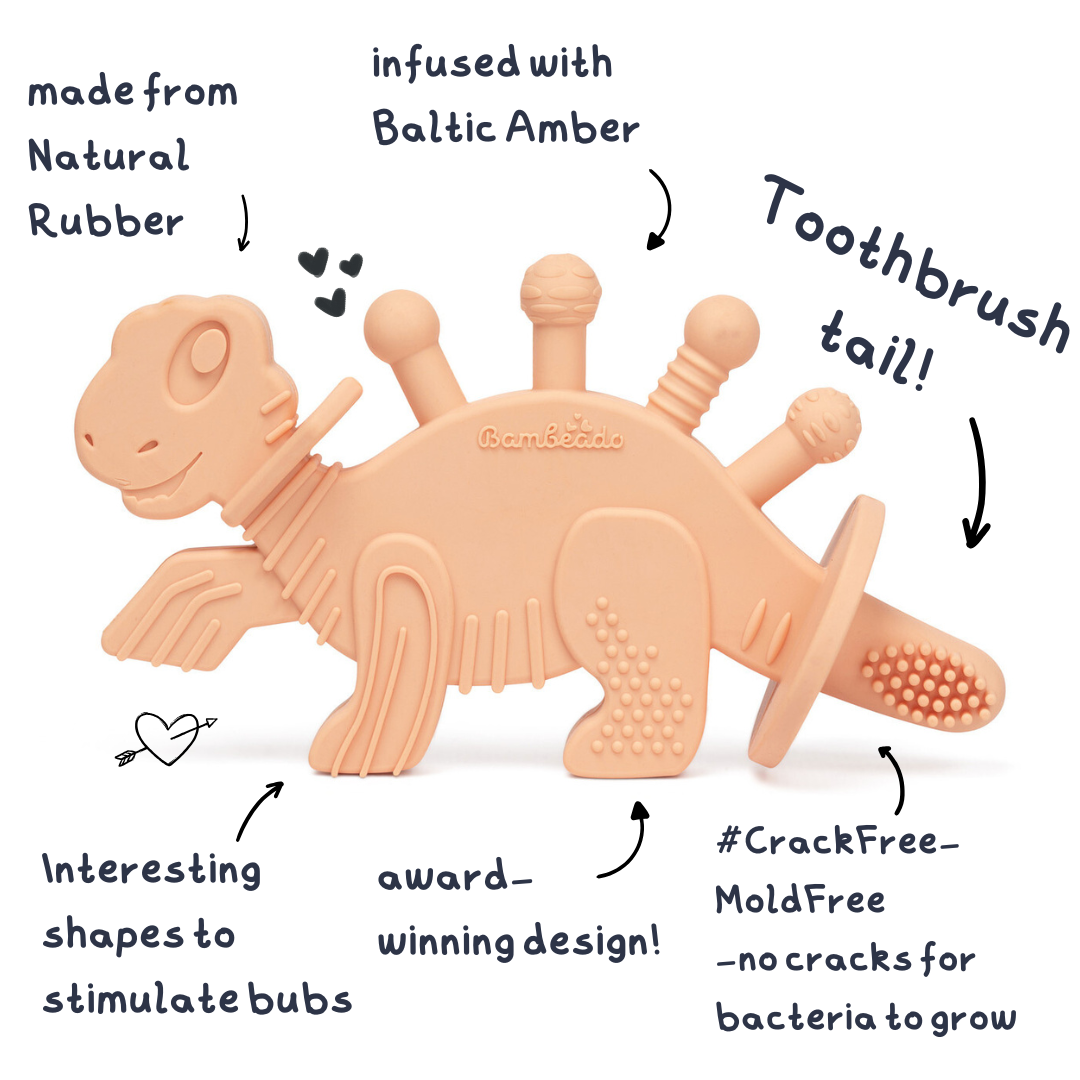 Kids’ Pink Amber Dinosaur Teether & Toothbrush 🦕�