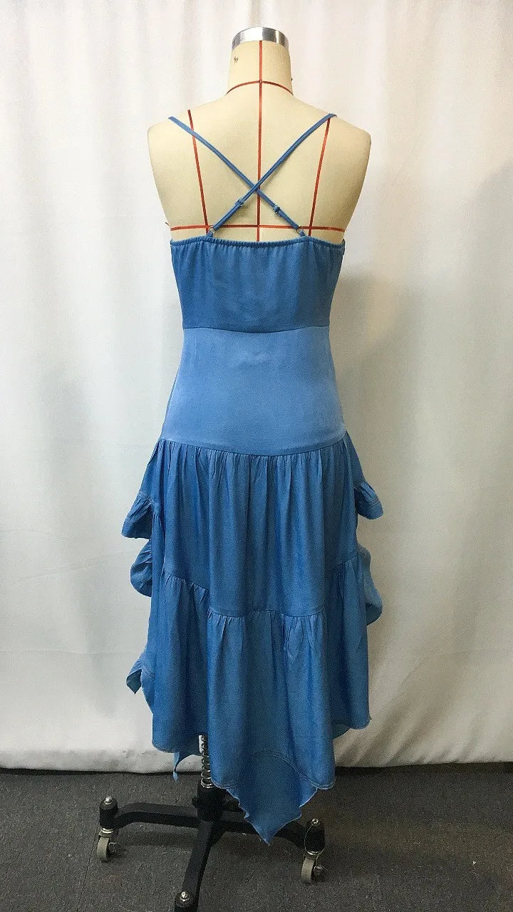 Women's Retro Western Cowboy Style Denim Ruffle Skirt Dress Midi Length Vintage Button Design Distressed Details Ruffled Hem