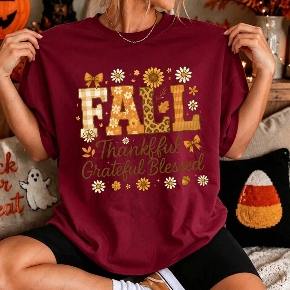 2026 Fall Thankful Grateful Blessed Daisy Graphic Women Casual Short Sleeve Cotton T-Shirt Vintage Thanksgiving Grateful Shirt