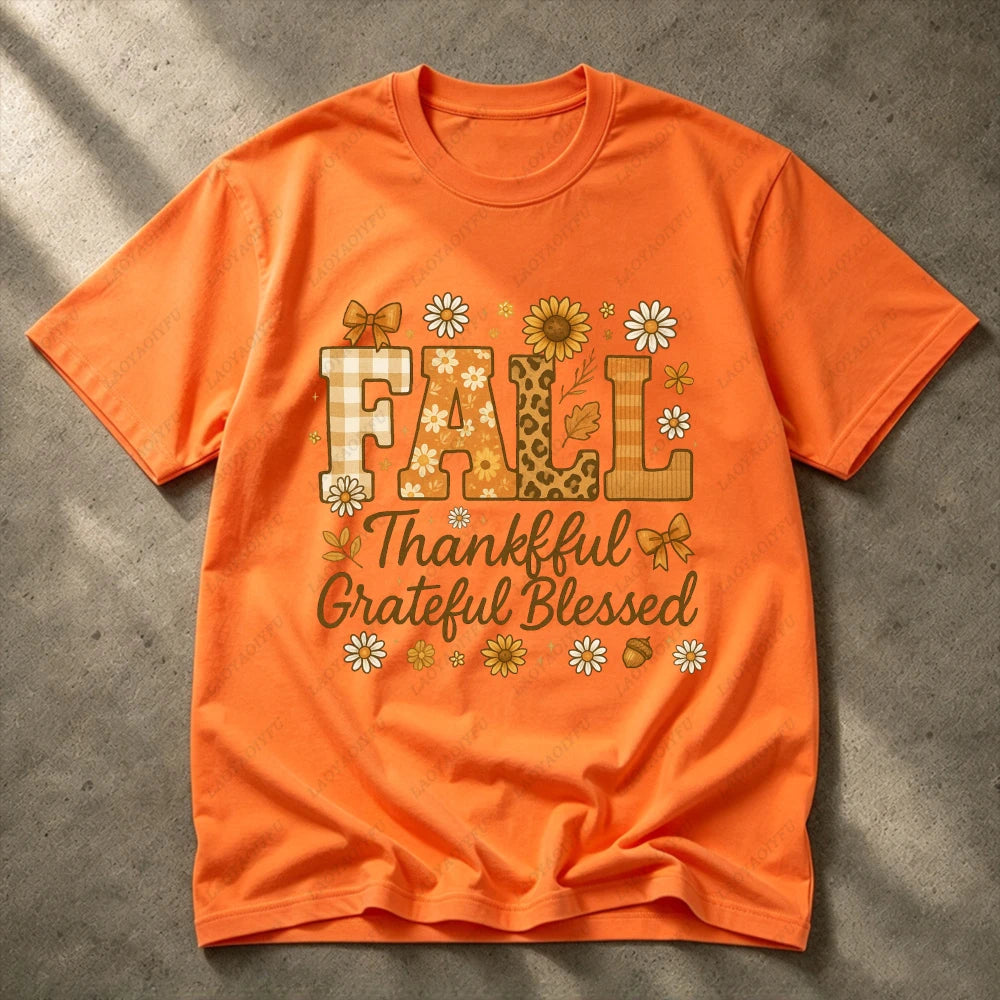 2026 Fall Thankful Grateful Blessed Daisy Graphic Women Casual Short Sleeve Cotton T-Shirt Vintage Thanksgiving Grateful Shirt