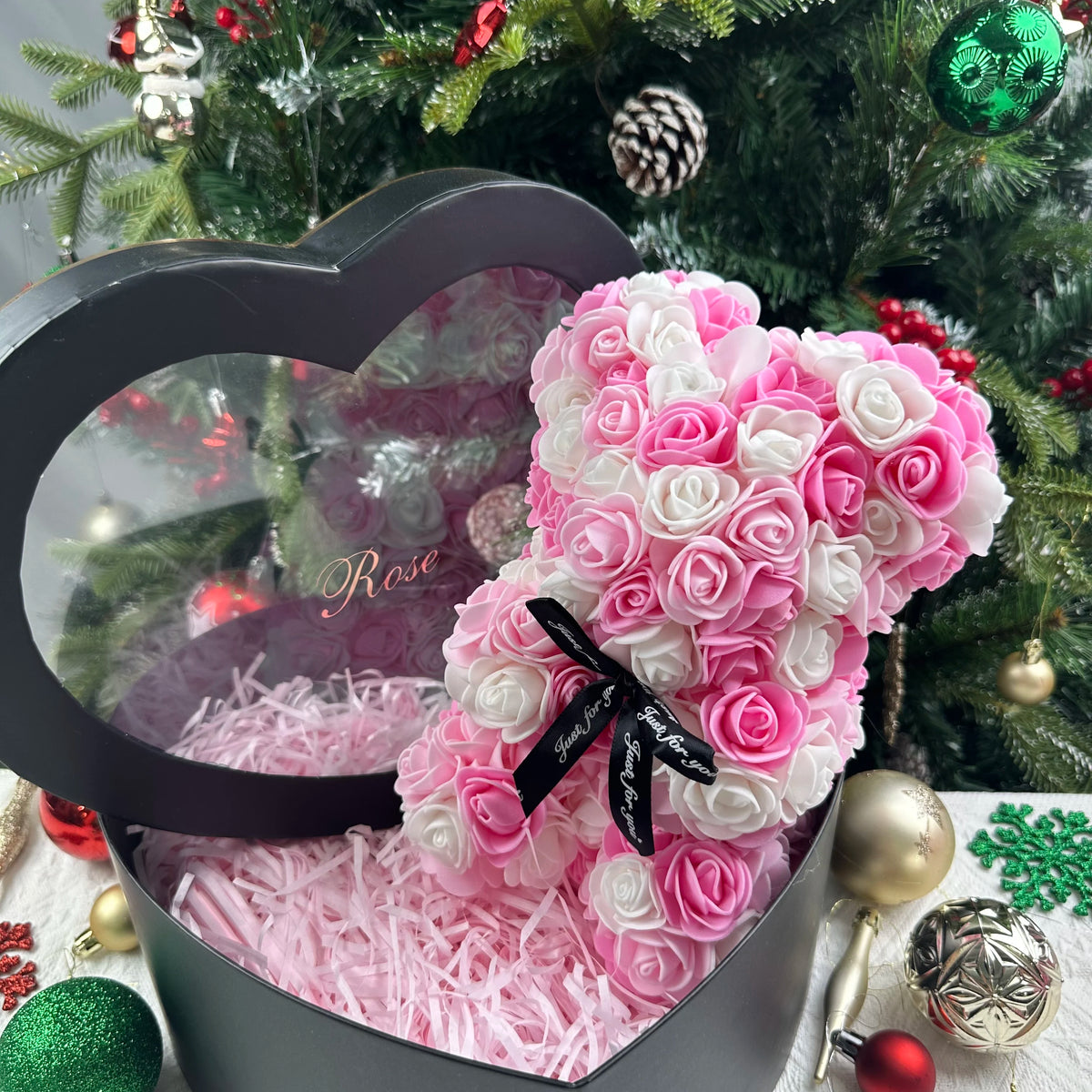 25cm Artificial Teddy Rose Flower Bear with Box Romantic Valentines Day Gift Girlfriend Women Anniversary Wedding Party Supplies