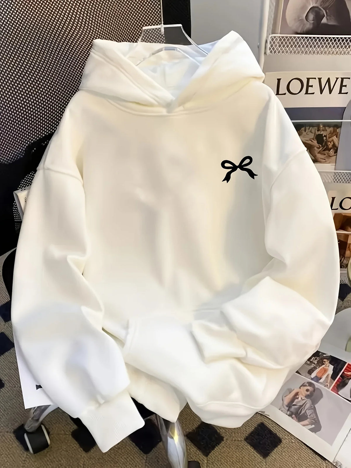 Bow Print Hooded Sweatshirt Women's Bow Print Long Sleeve Hooded Sweatshirt Comfortable Loose Fit Sweatshirt Kangaroo Pocket