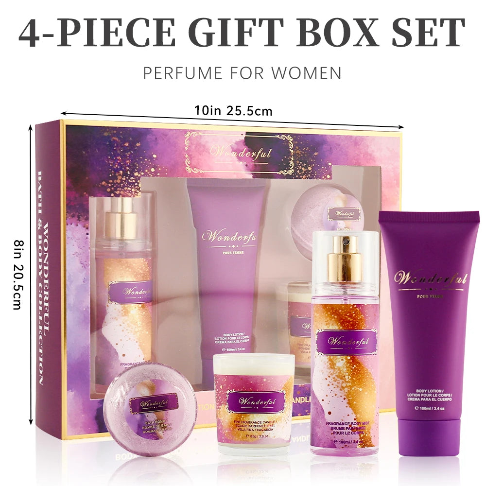 Women's Fragrance Sets 3.4fl.oz Body Mist, 3.4fl.oz Body Lotion, 3oz Candle and 2oz Bath Product 4 Pcs WONDERFUL Gift for Women