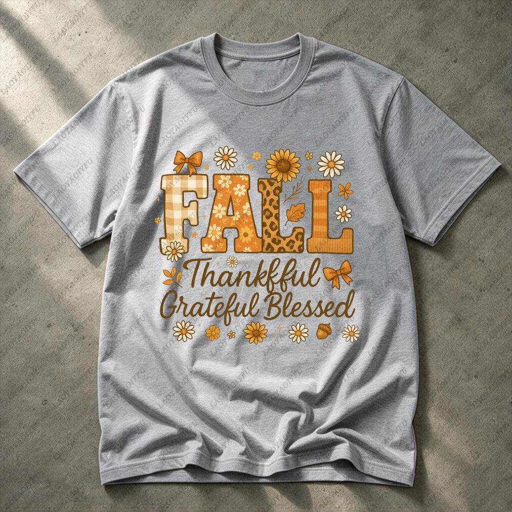 2026 Fall Thankful Grateful Blessed Daisy Graphic Women Casual Short Sleeve Cotton T-Shirt Vintage Thanksgiving Grateful Shirt