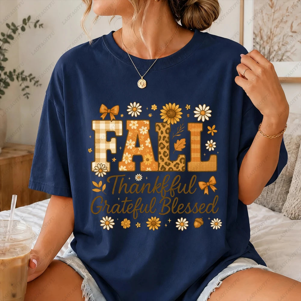 2026 Fall Thankful Grateful Blessed Daisy Graphic Women Casual Short Sleeve Cotton T-Shirt Vintage Thanksgiving Grateful Shirt