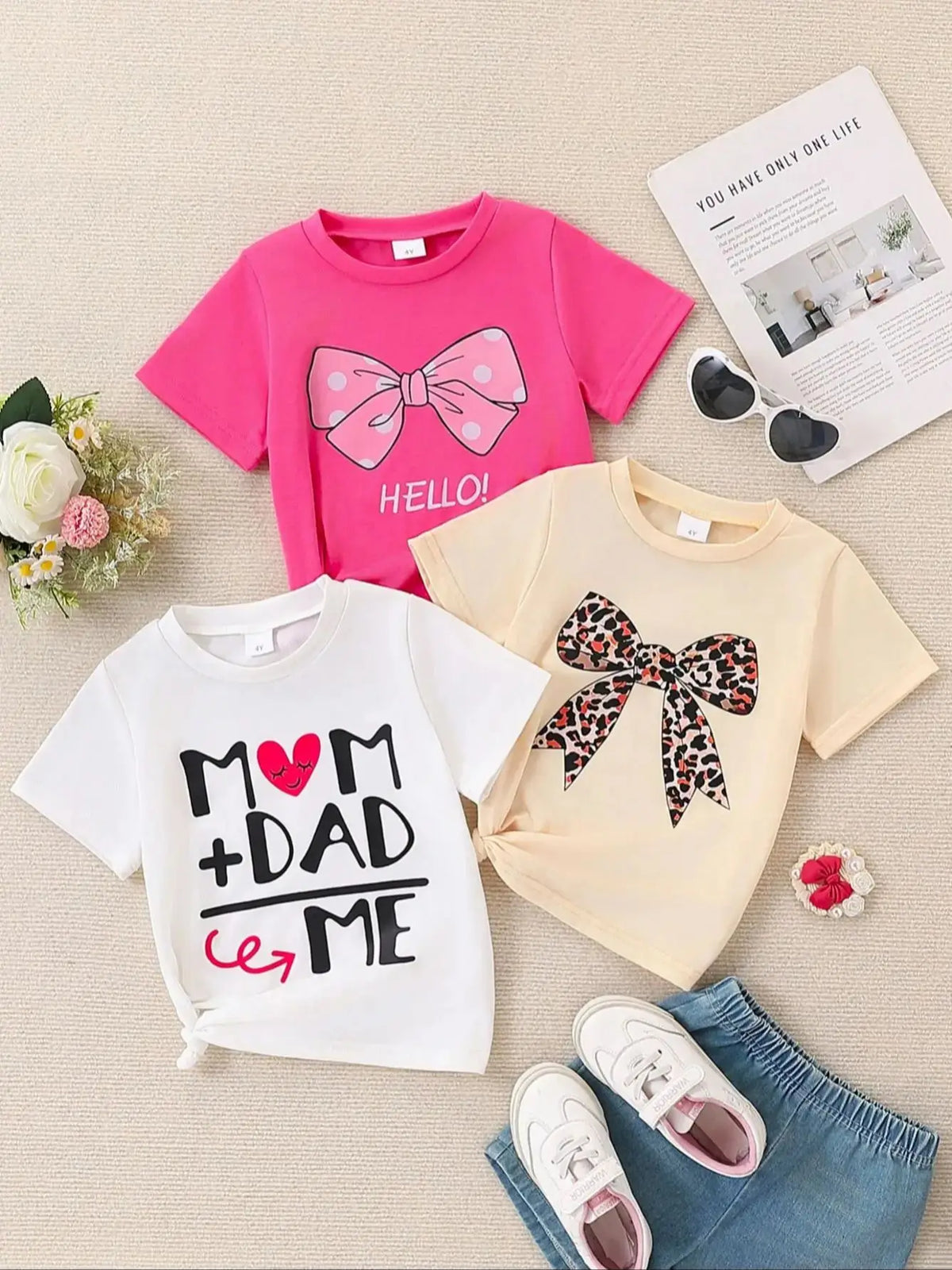 Summer 3-Piece Girls' Casual Ensemble Knit Fabric Round Neck Short-Sleeved Top Slightly Elastic Outfit for Girls