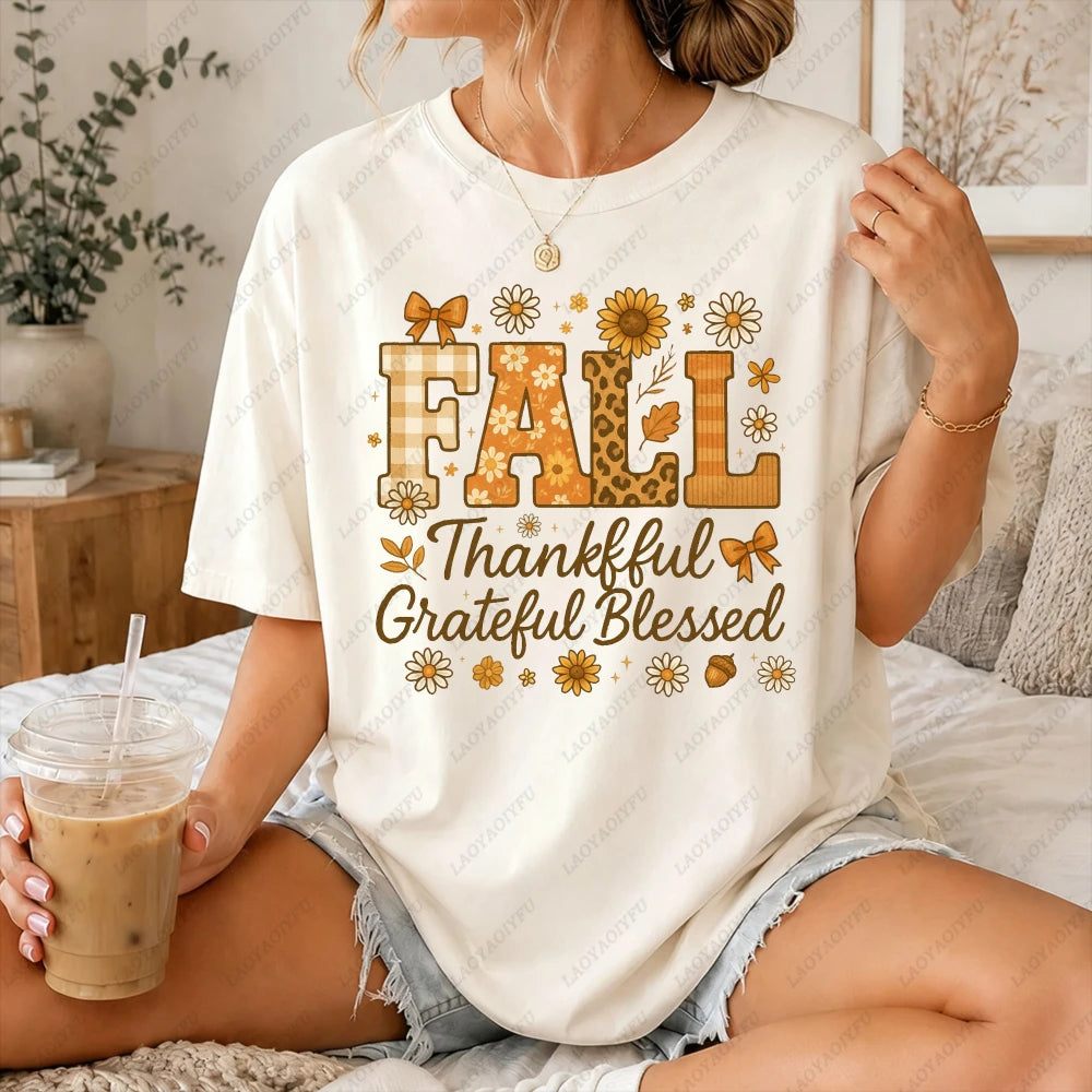 2026 Fall Thankful Grateful Blessed Daisy Graphic Women Casual Short Sleeve Cotton T-Shirt Vintage Thanksgiving Grateful Shirt