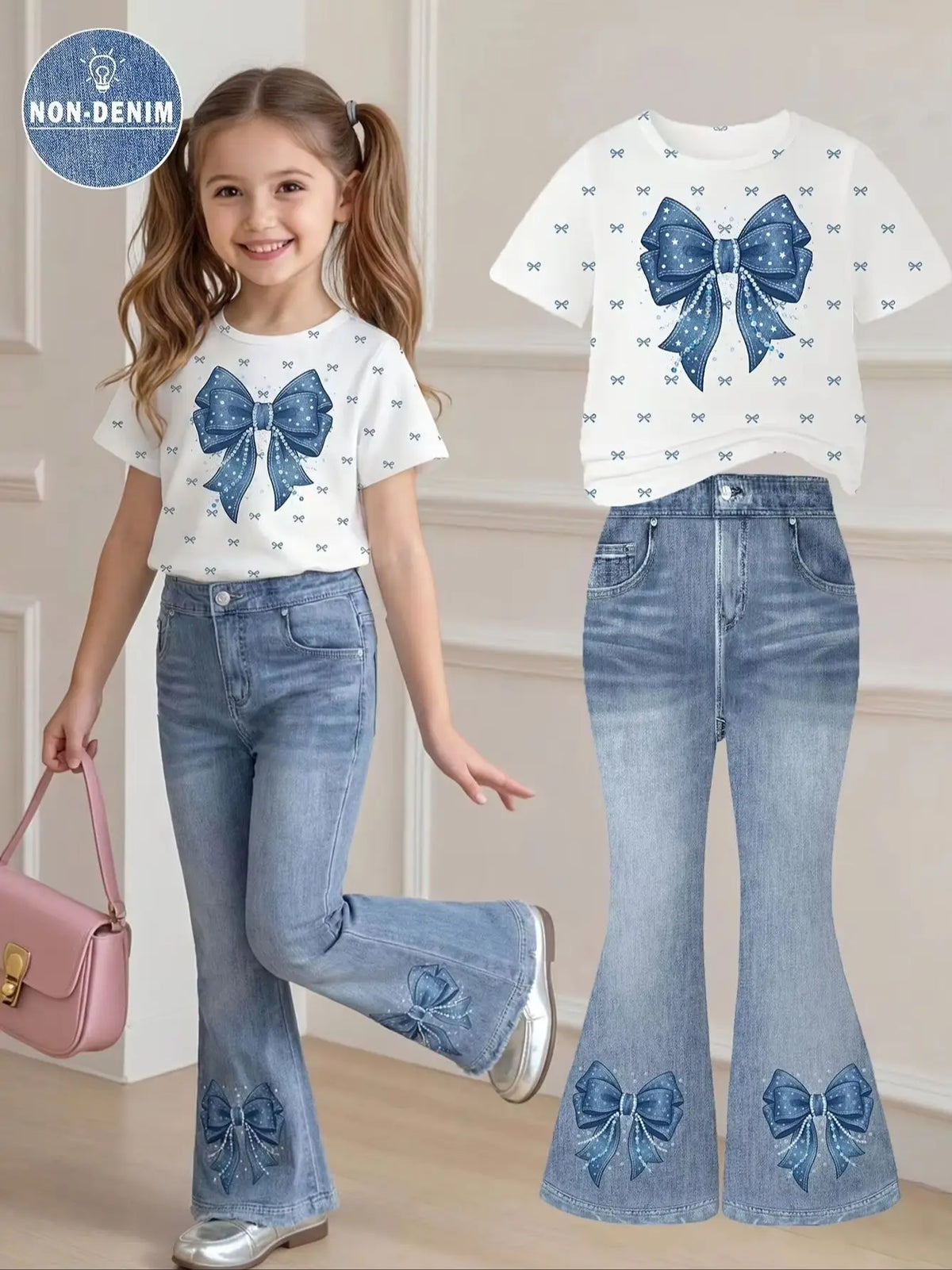 2-Piece Set for Girls: Faux-Denim Print Bow-Accented Short-Sleeve T-Shirt (Crew Neck) & Elastic-Waist Flared Pants – Simple, St