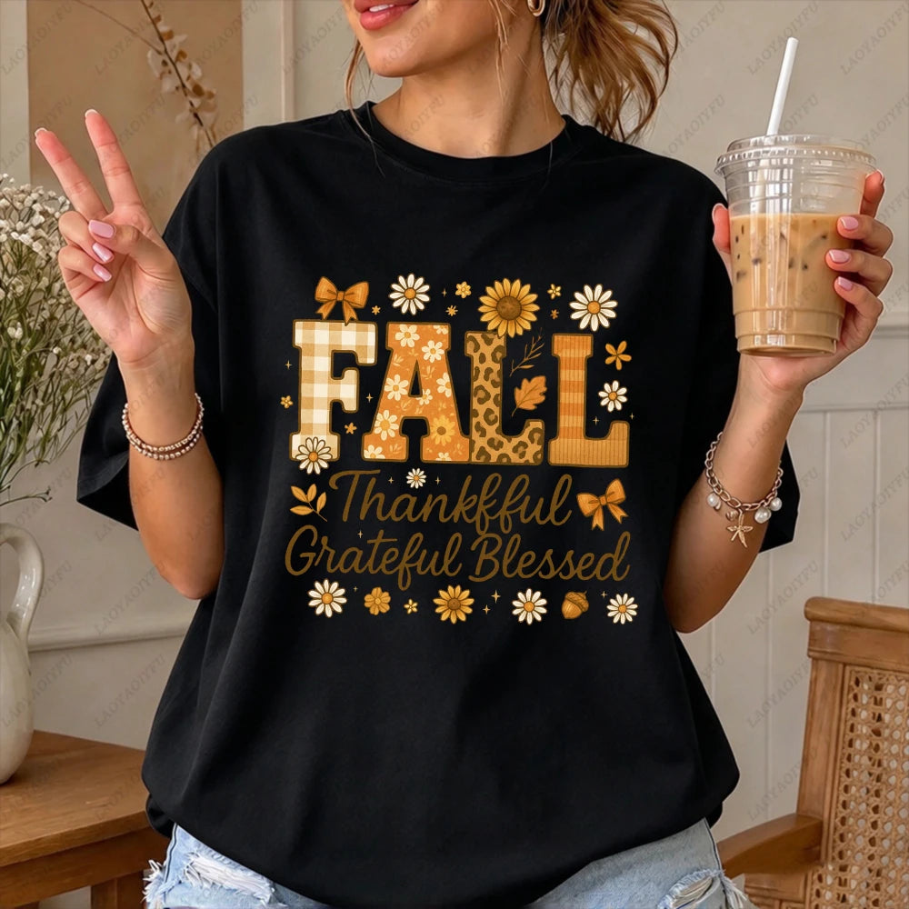 2026 Fall Thankful Grateful Blessed Daisy Graphic Women Casual Short Sleeve Cotton T-Shirt Vintage Thanksgiving Grateful Shirt