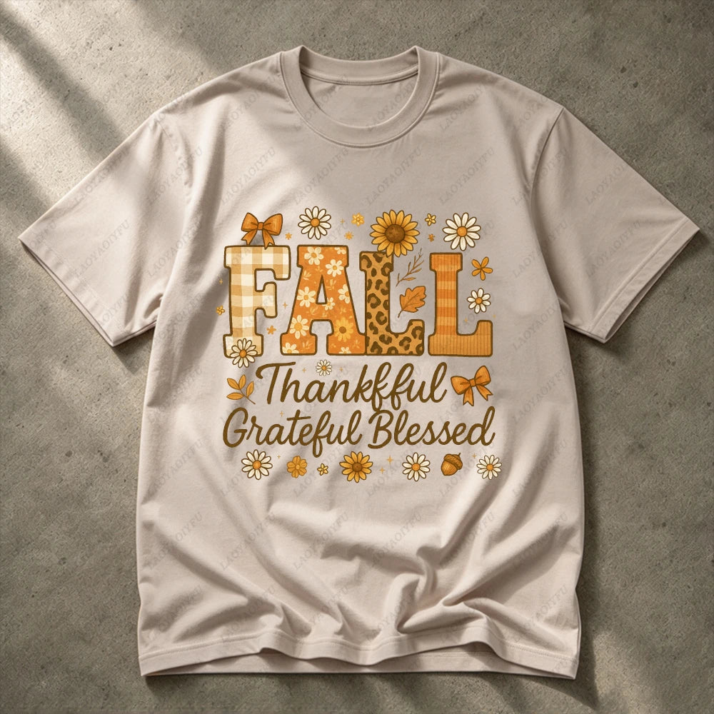 2026 Fall Thankful Grateful Blessed Daisy Graphic Women Casual Short Sleeve Cotton T-Shirt Vintage Thanksgiving Grateful Shirt