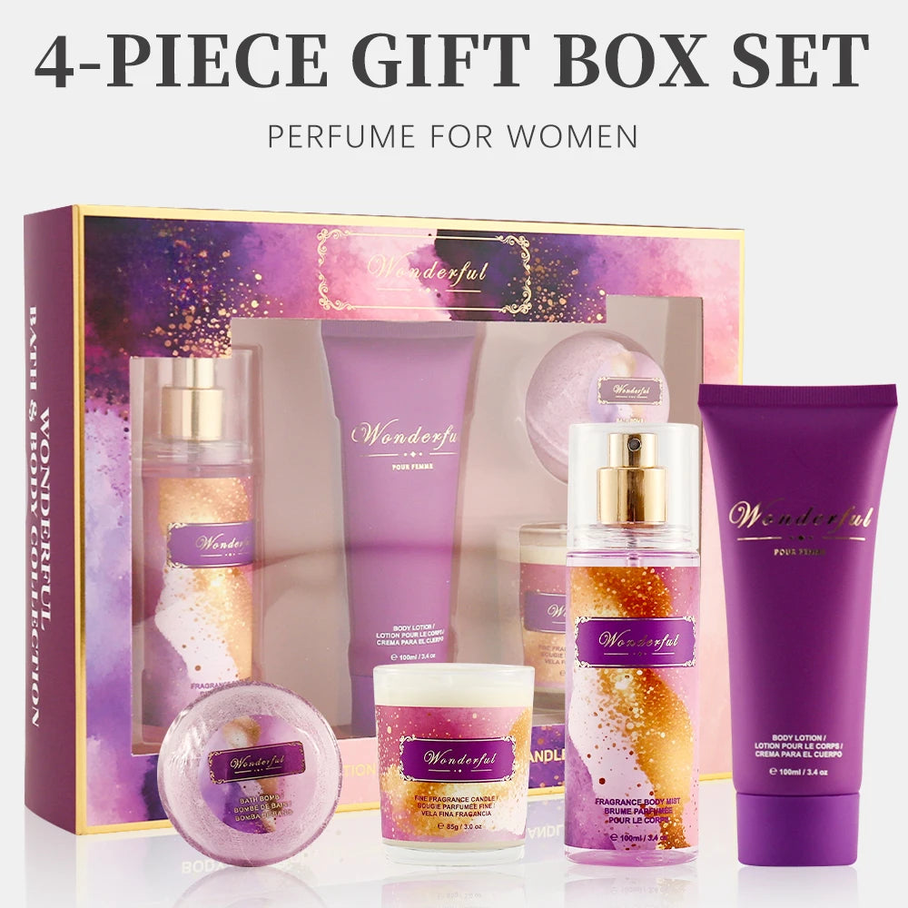 Women's Fragrance Sets 3.4fl.oz Body Mist, 3.4fl.oz Body Lotion, 3oz Candle and 2oz Bath Product 4 Pcs WONDERFUL Gift for Women