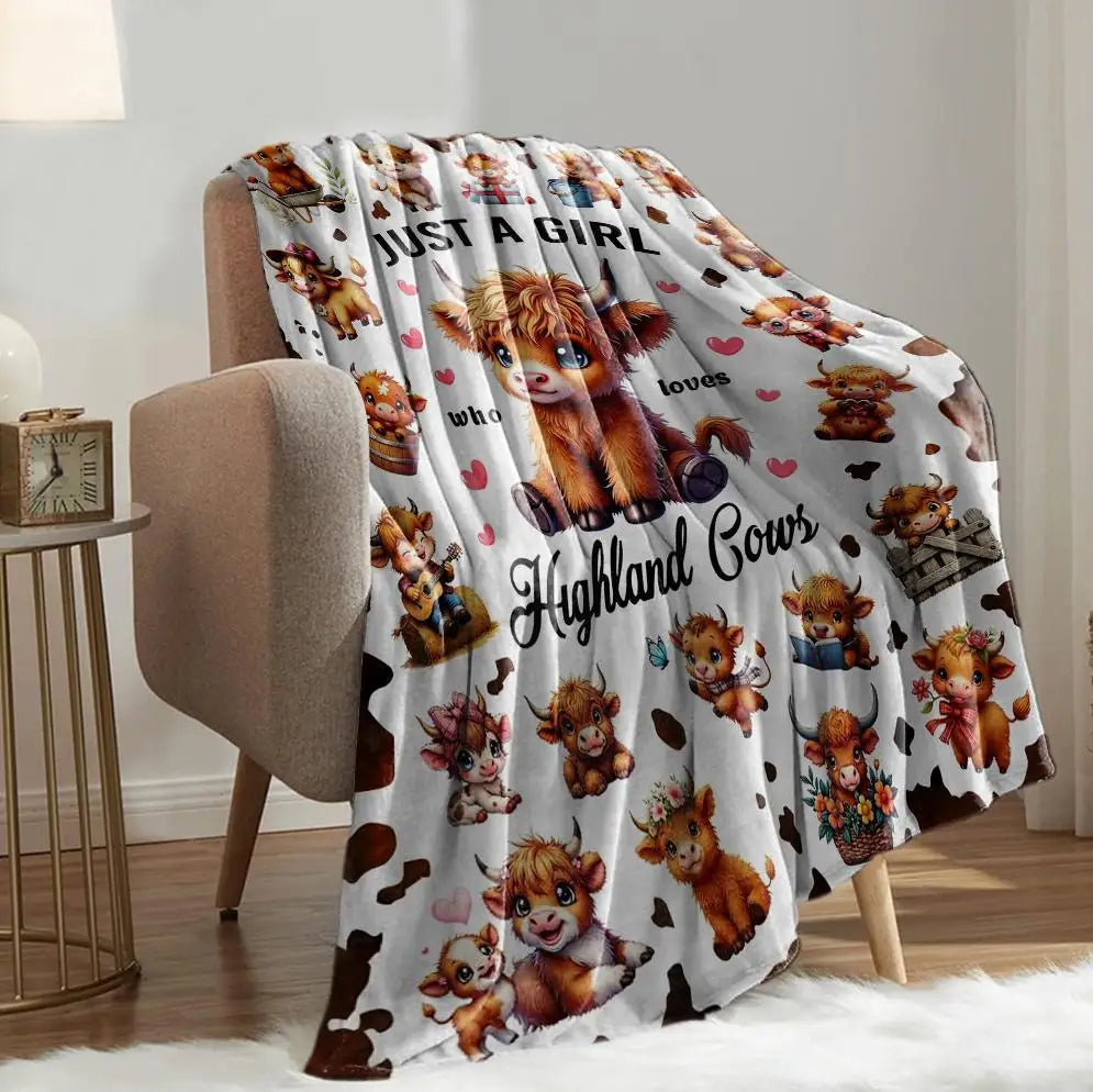 1PC Throw Cute Highland Cow Flannel Blanket for Couch Bed Sofa Warm Blankets Perfect Festival Gifts for a Girl Boy Who Loves Cow