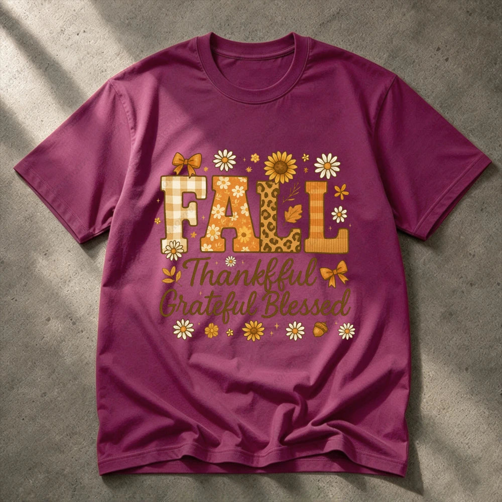 2026 Fall Thankful Grateful Blessed Daisy Graphic Women Casual Short Sleeve Cotton T-Shirt Vintage Thanksgiving Grateful Shirt