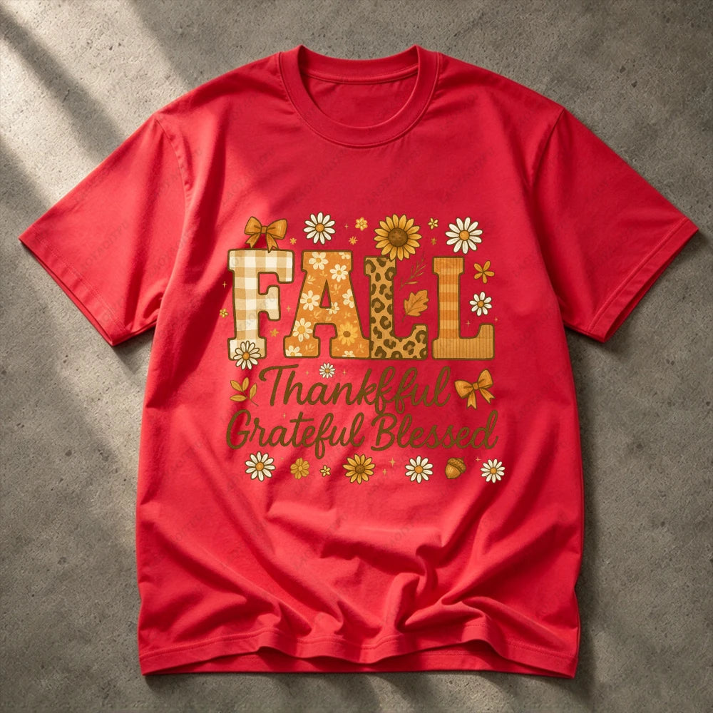 2026 Fall Thankful Grateful Blessed Daisy Graphic Women Casual Short Sleeve Cotton T-Shirt Vintage Thanksgiving Grateful Shirt