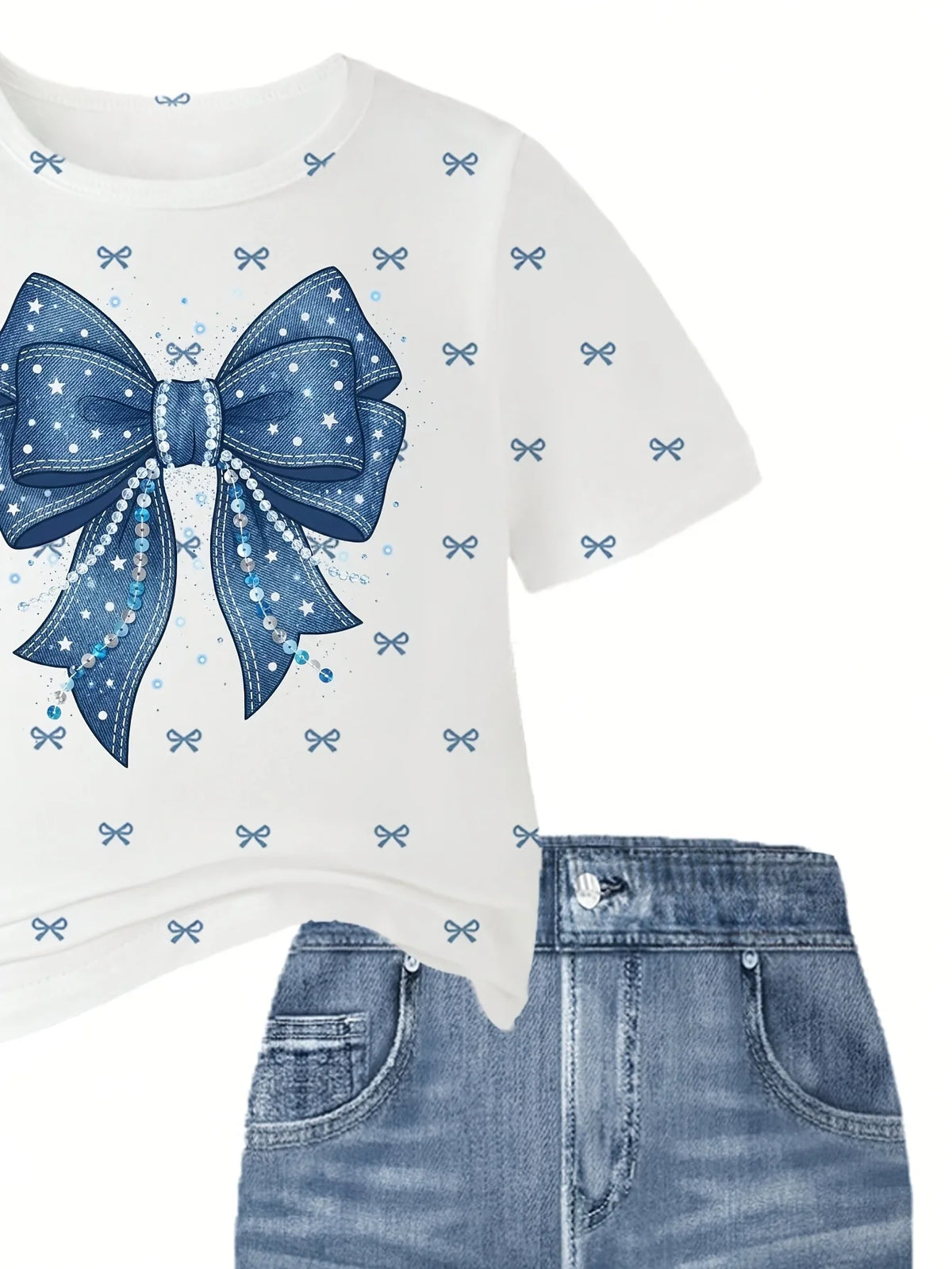 2-Piece Set for Girls: Faux-Denim Print Bow-Accented Short-Sleeve T-Shirt (Crew Neck) & Elastic-Waist Flared Pants – Simple, St