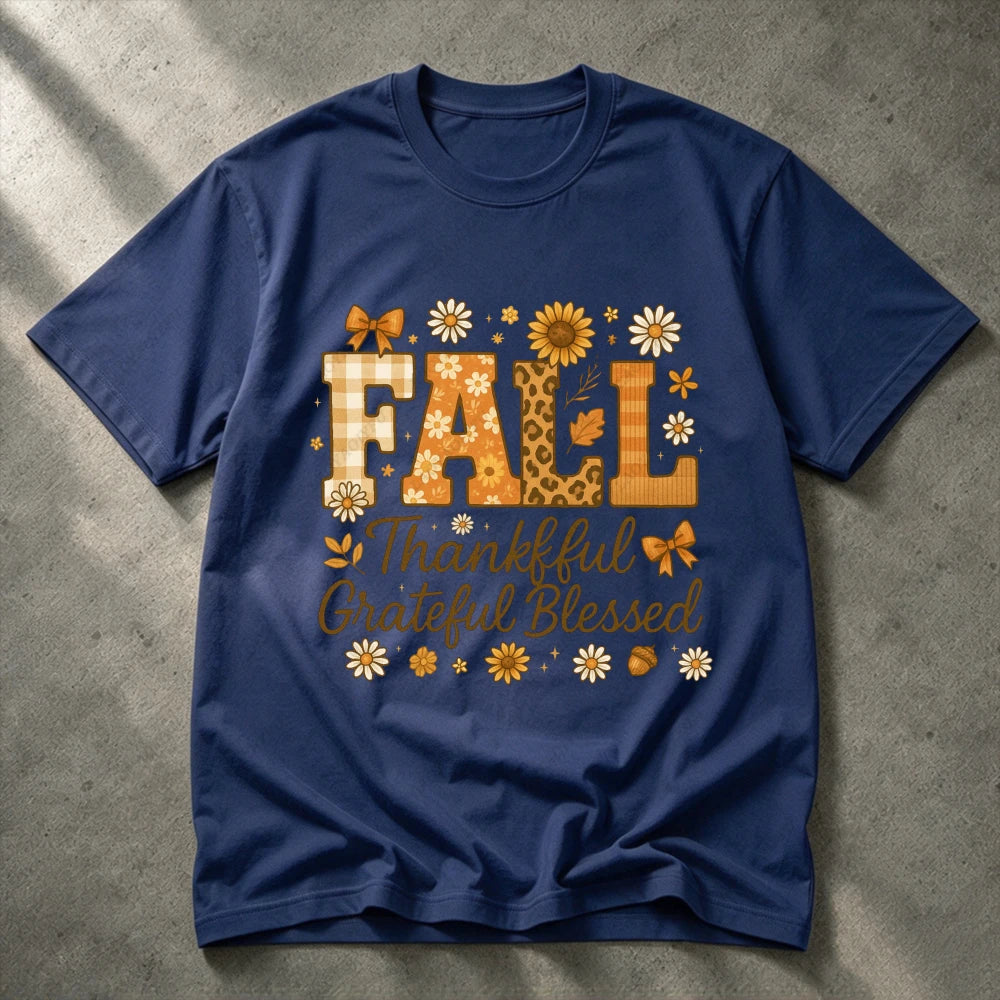 2026 Fall Thankful Grateful Blessed Daisy Graphic Women Casual Short Sleeve Cotton T-Shirt Vintage Thanksgiving Grateful Shirt