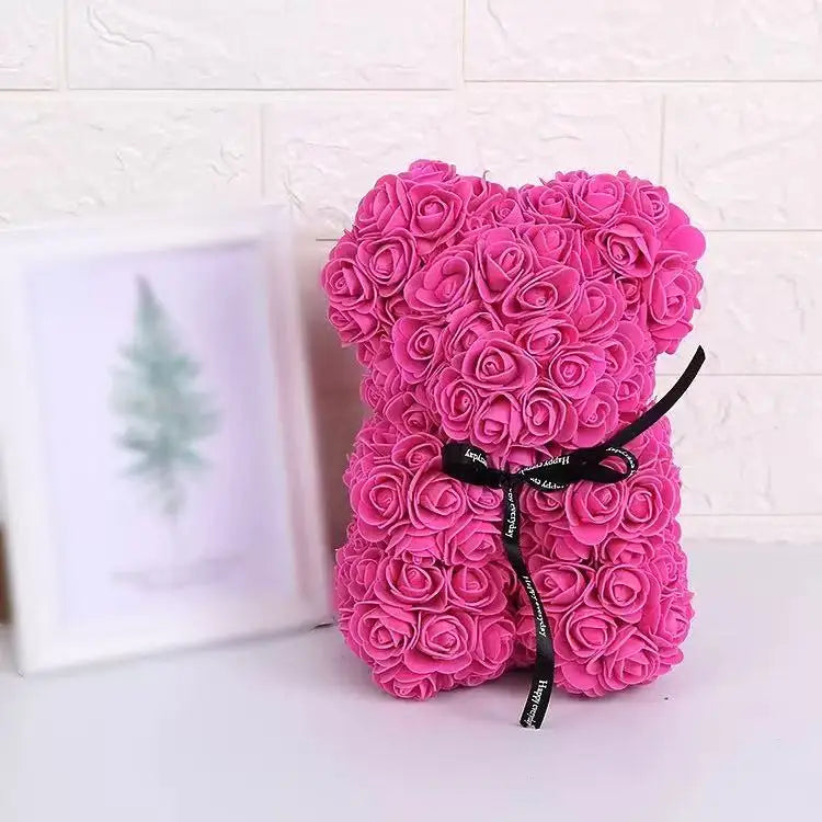 25cm Artificial Teddy Rose Flower Bear with Box Romantic Valentines Day Gift Girlfriend Women Anniversary Wedding Party Supplies