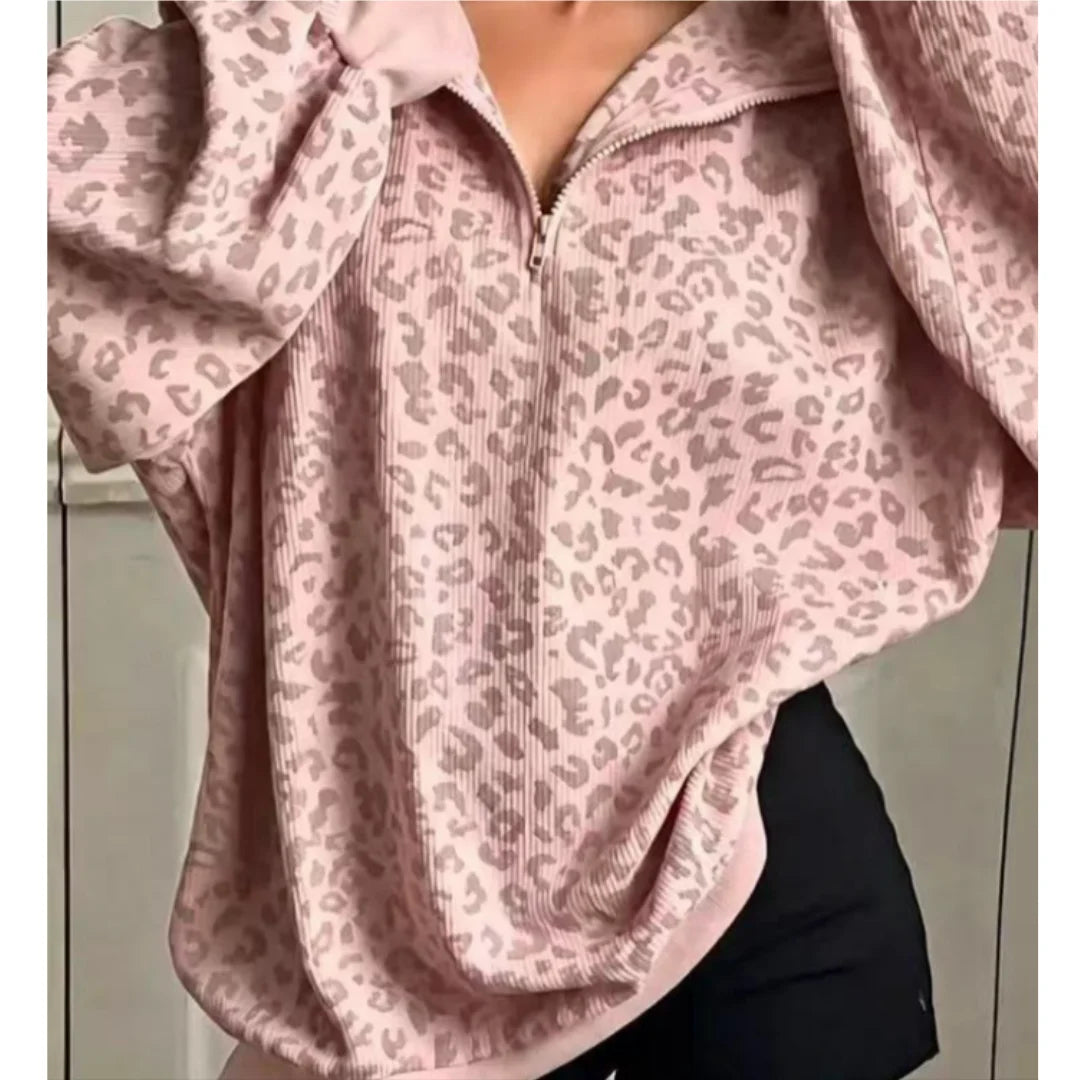 Women Casual Zipper Long Sleeve Leopard Sweatshirt Loose Oversize Retro Hoodie Stand Collar Corduroy Outerwear Pullover Autumn