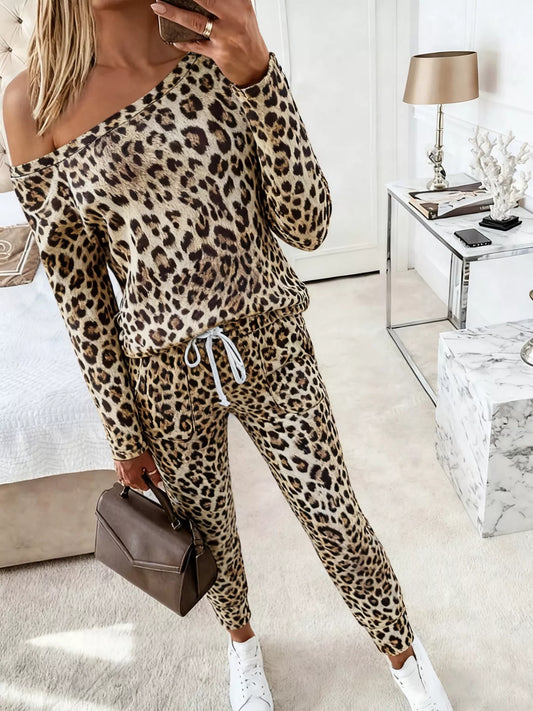Leopard Print One-Shoulder Top and Pants Set