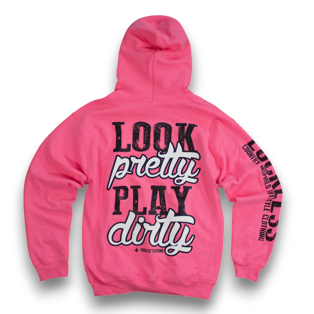 A bright pink hoodie shown from the back, featuring the text 'LOOK pretty PLAY dirty' in black and white across the center, with additional black text printed down the sleeves. The brand name 'Koolie Clothing' is visible in small print below the main graphic.