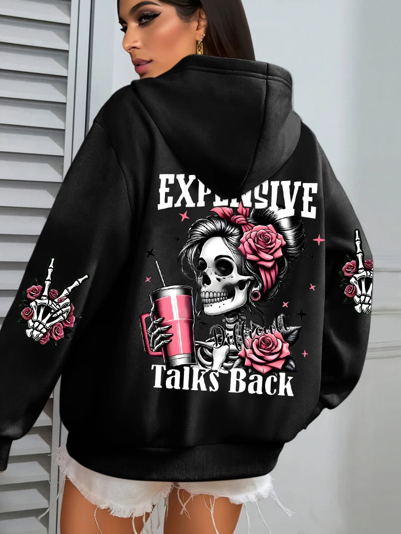 Expensive Talks Back Funny Printing Womens Hoodie Loose Multicolor Pullovers Fleece Autumn Sportswear Casual Pocket Hoody