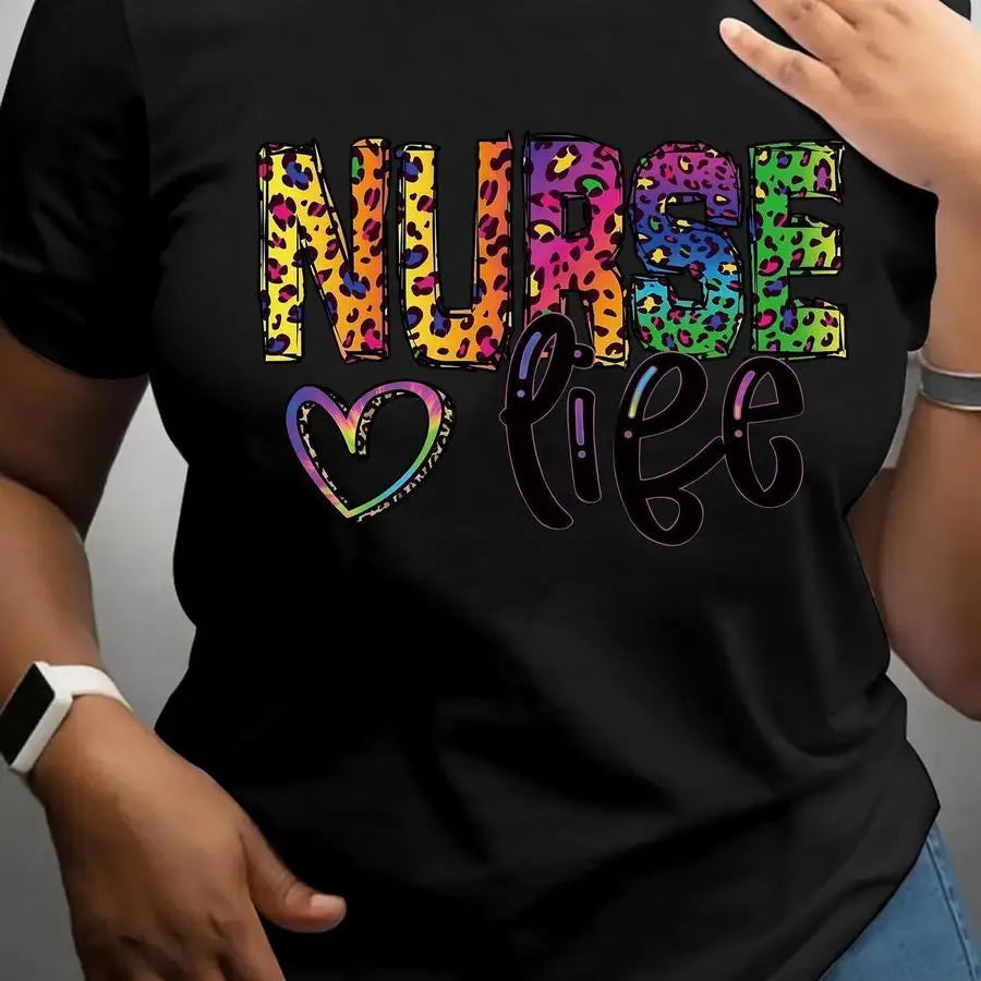 Nurse Life T Shirt Women Colorful Rainbow Leopard Print Graphic Tees Neon Letter Heart Printed Black Crew Neck Short Sleeve Top Healthcare Worker Outfits