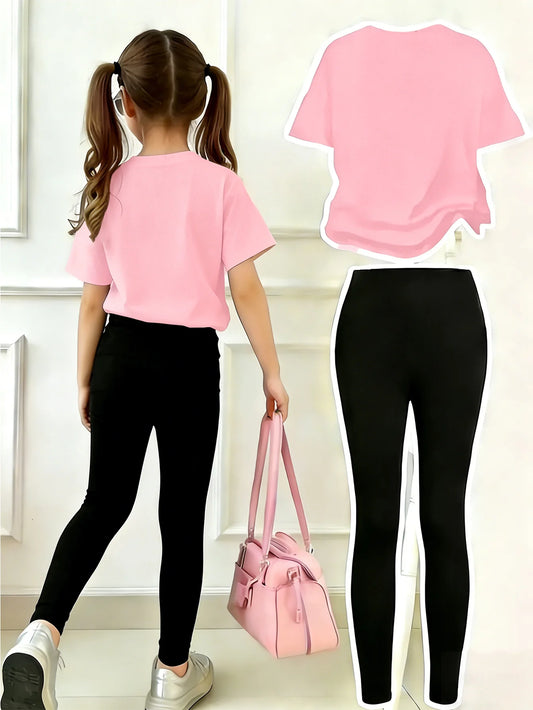 Girls' Casual Short-Sleeve Set: Regular Short-Sleeve Top + Leggings Two-Piece Set, Pink Faux Sequin Bow "Pattern Print, Suitable for Children Aged 4-11, Versatile Clothing for Home and Outings