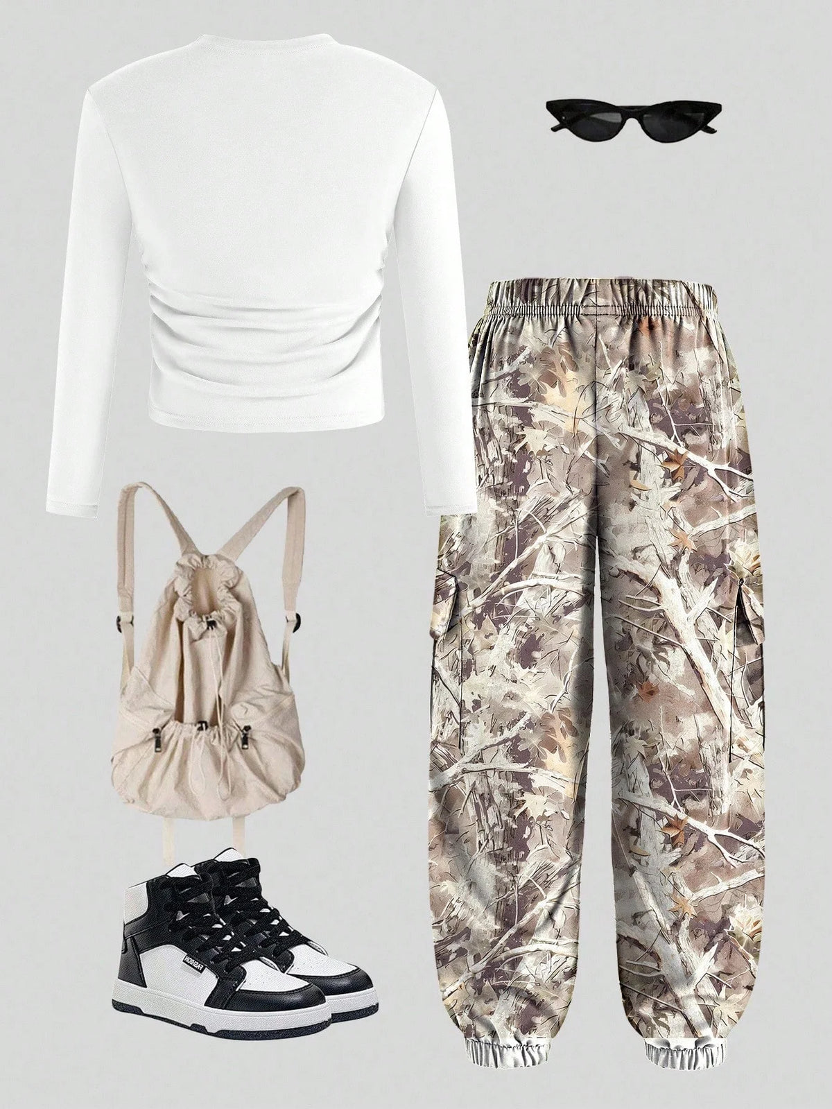 Spring and Autumn Girls' Trendy 2-Piece Outfit: Letter Print Long-Sleeve T-Shirt + Camo Cargo Jogger Pants Set