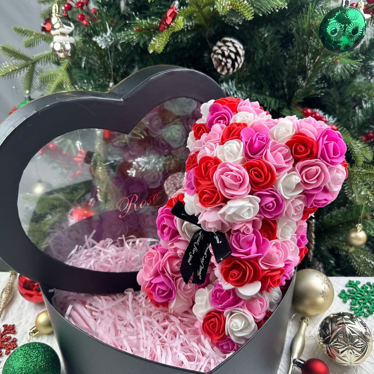 25cm Artificial Teddy Rose Flower Bear with Box Romantic Valentines Day Gift Girlfriend Women Anniversary Wedding Party Supplies