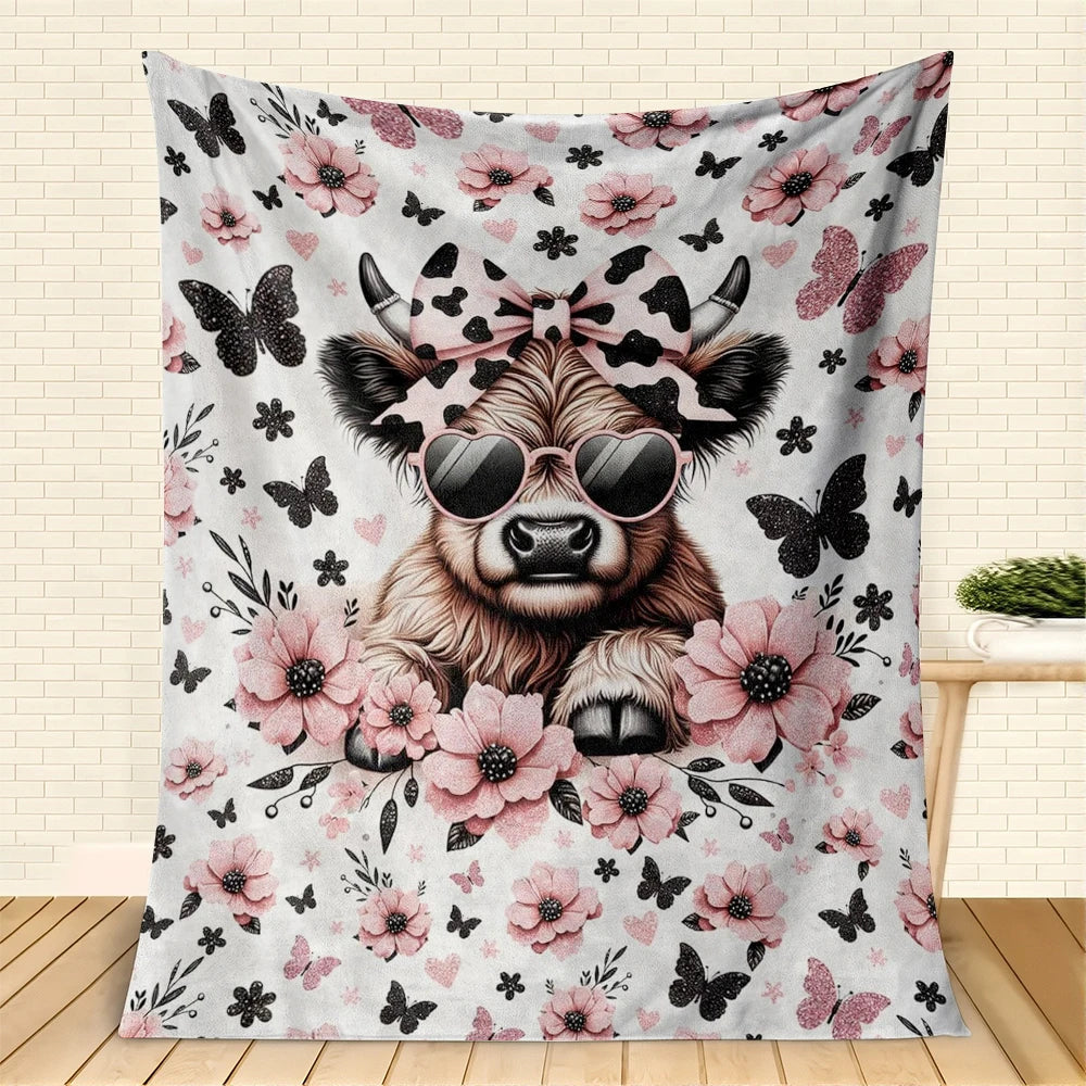 1PC Throw Cute Highland Cow Flannel Blanket for Couch Bed Sofa Warm Blankets Perfect Festival Gifts for a Girl Boy Who Loves Cow