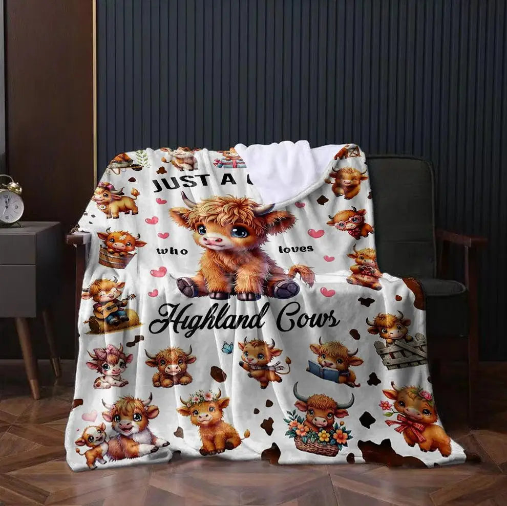 1PC Throw Cute Highland Cow Flannel Blanket for Couch Bed Sofa Warm Blankets Perfect Festival Gifts for a Girl Boy Who Loves Cow