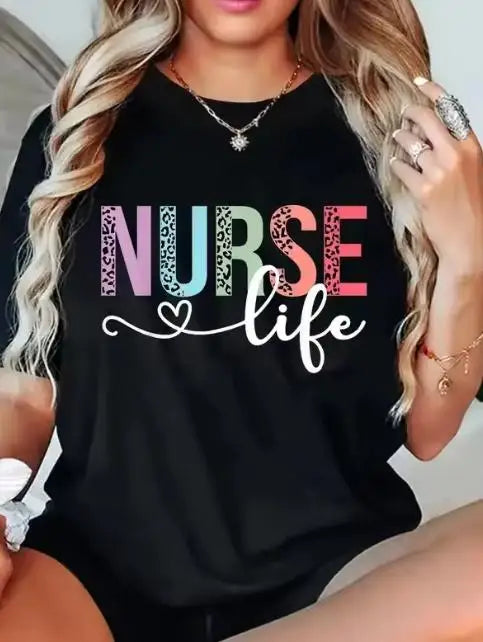 Nurse Life T Shirt Women Colorful Rainbow Leopard Print Graphic Tees Neon Letter Heart Printed Black Crew Neck Short Sleeve Top Healthcare Worker Outfits