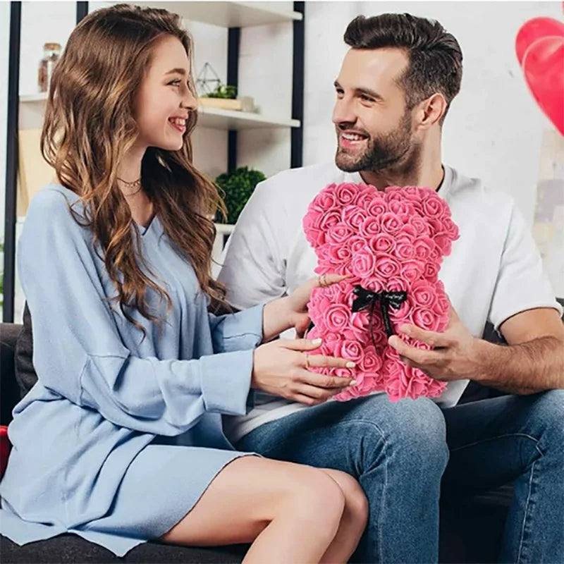 25cm Artificial Teddy Rose Flower Bear with Box Romantic Valentines Day Gift Girlfriend Women Anniversary Wedding Party Supplies