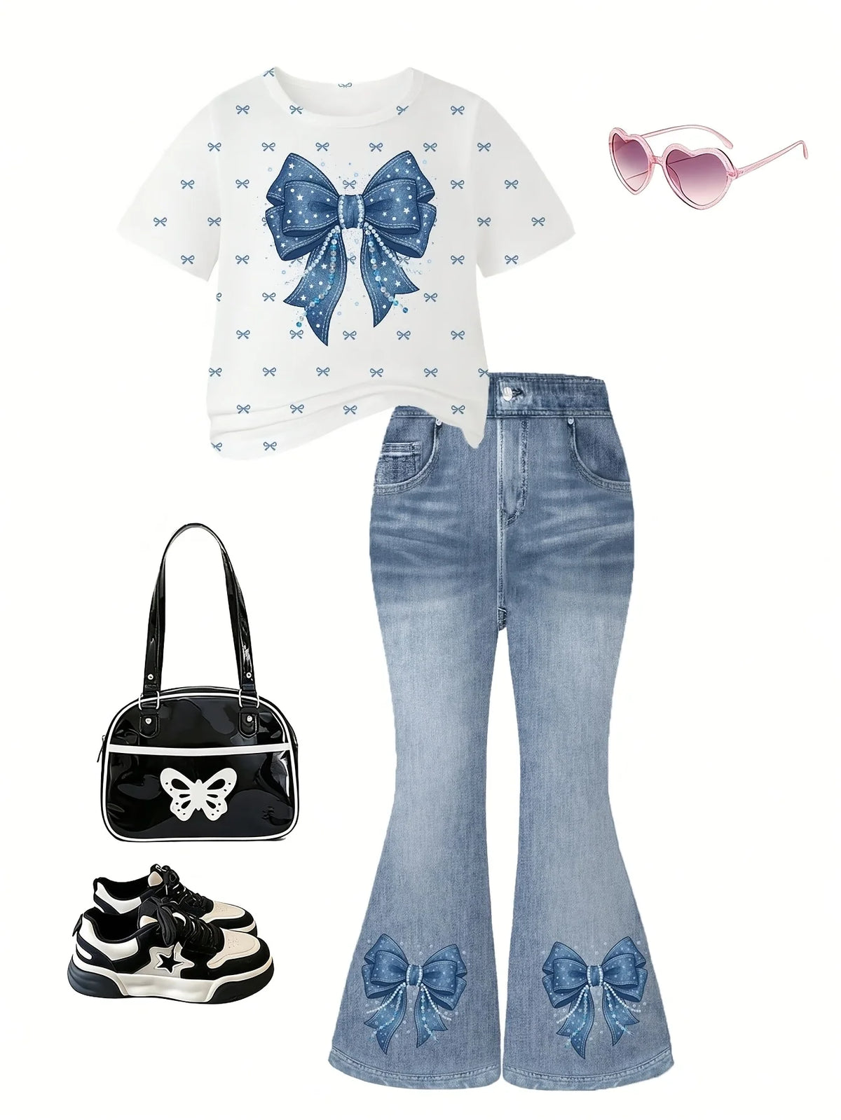 2-Piece Set for Girls: Faux-Denim Print Bow-Accented Short-Sleeve T-Shirt (Crew Neck) & Elastic-Waist Flared Pants – Simple, St