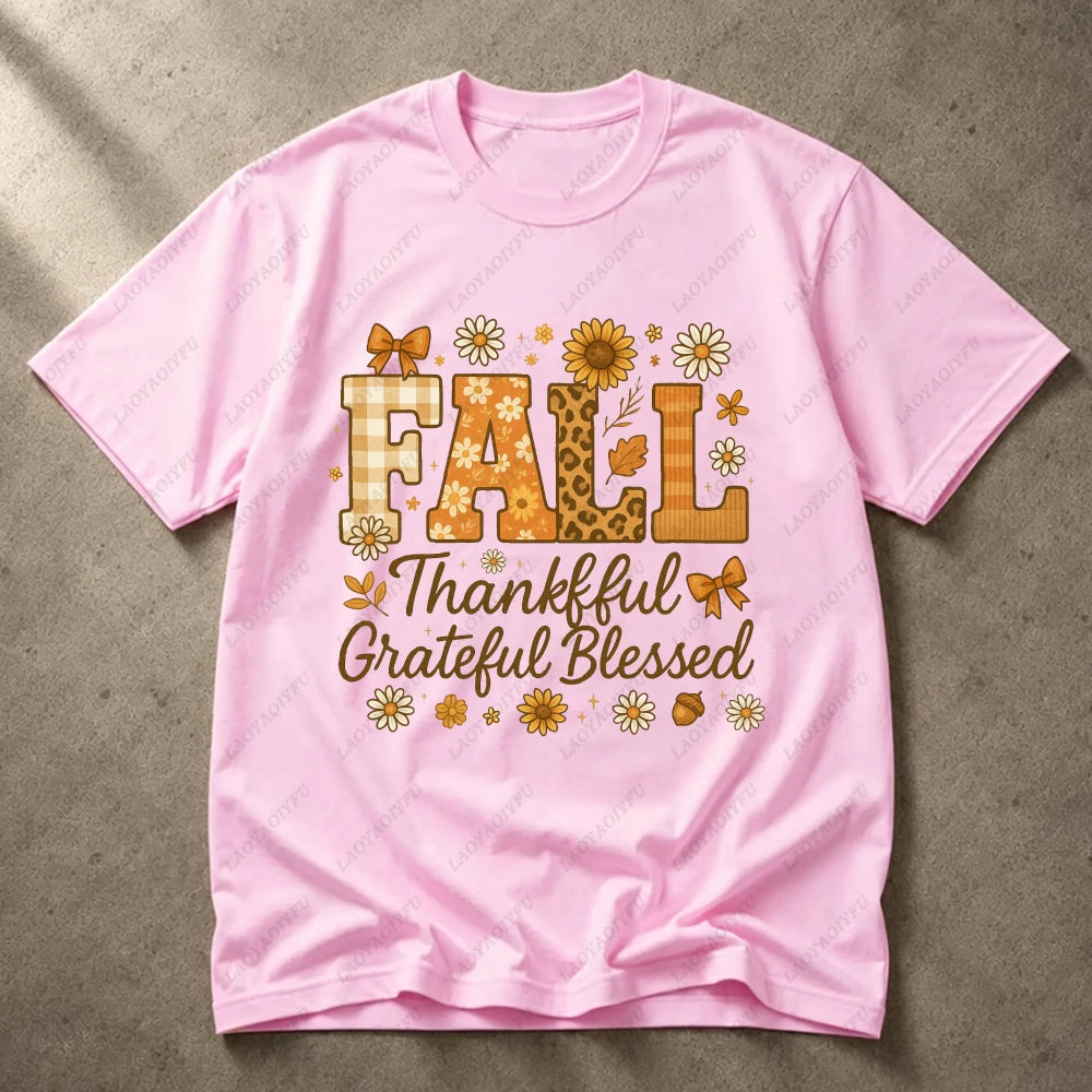 2026 Fall Thankful Grateful Blessed Daisy Graphic Women Casual Short Sleeve Cotton T-Shirt Vintage Thanksgiving Grateful Shirt