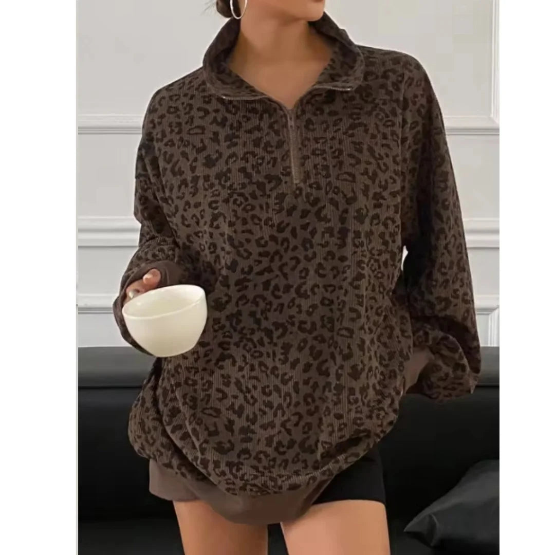 Women Casual Zipper Long Sleeve Leopard Sweatshirt Loose Oversize Retro Hoodie Stand Collar Corduroy Outerwear Pullover Autumn