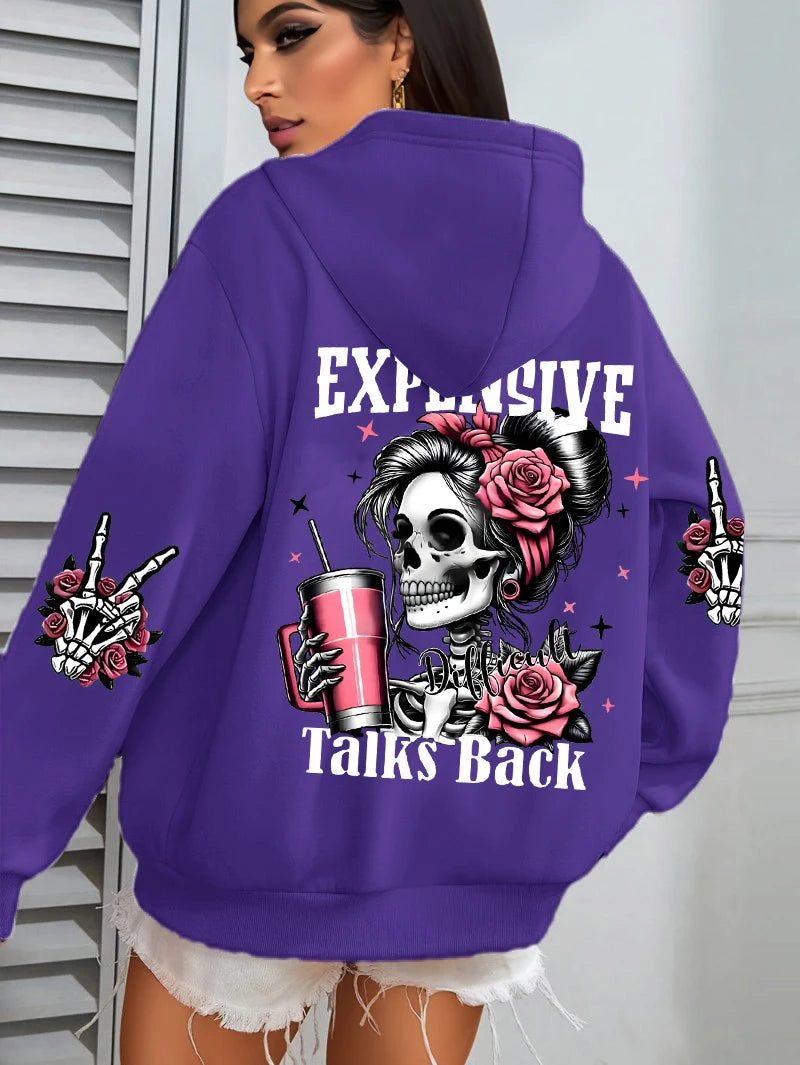 Expensive Talks Back Funny Printing Womens Hoodie Loose Multicolor Pullovers Fleece Autumn Sportswear Casual Pocket Hoody