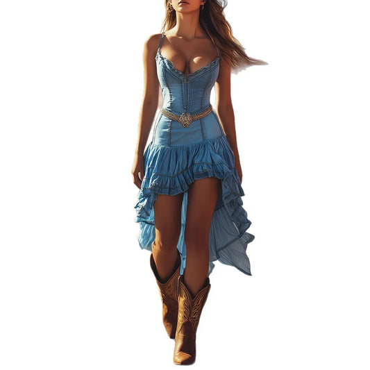 Women's Retro Western Cowboy Style Denim Ruffle Skirt Dress Midi Length Vintage Button Design Distressed Details Ruffled Hem