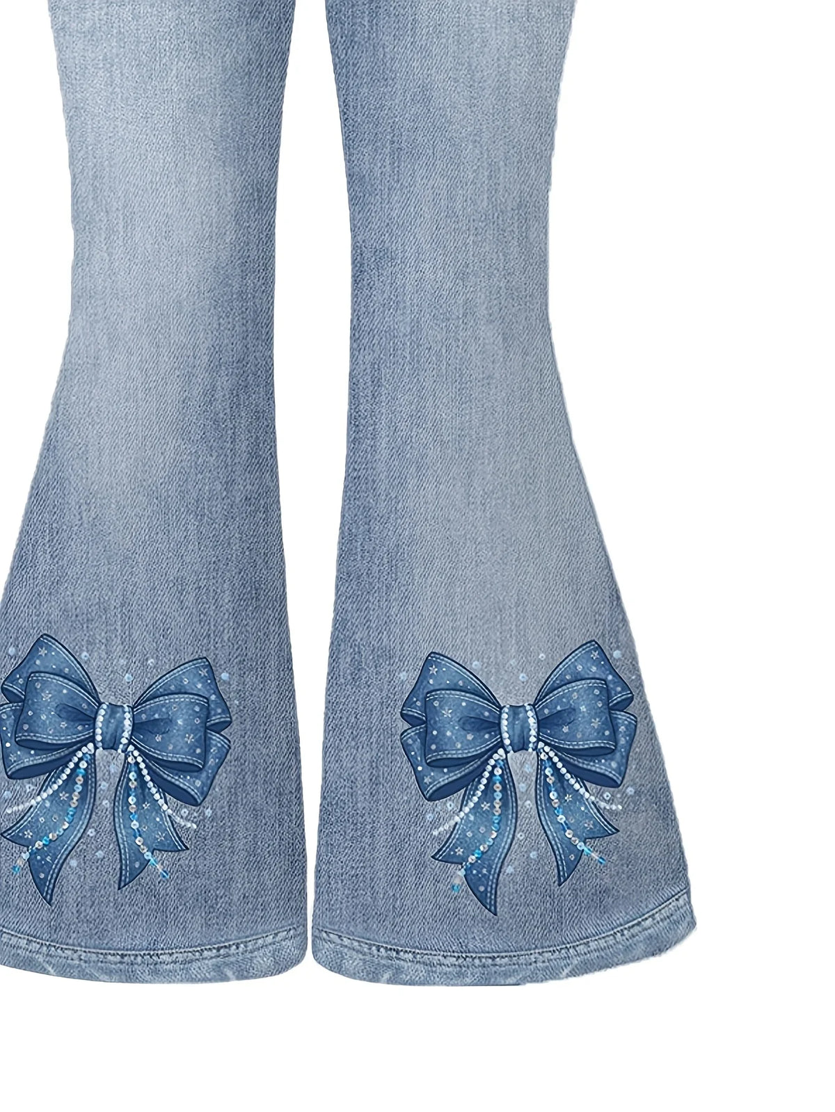 2-Piece Set for Girls: Faux-Denim Print Bow-Accented Short-Sleeve T-Shirt (Crew Neck) & Elastic-Waist Flared Pants – Simple, St