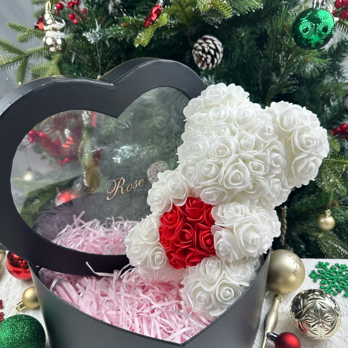 25cm Artificial Teddy Rose Flower Bear with Box Romantic Valentines Day Gift Girlfriend Women Anniversary Wedding Party Supplies