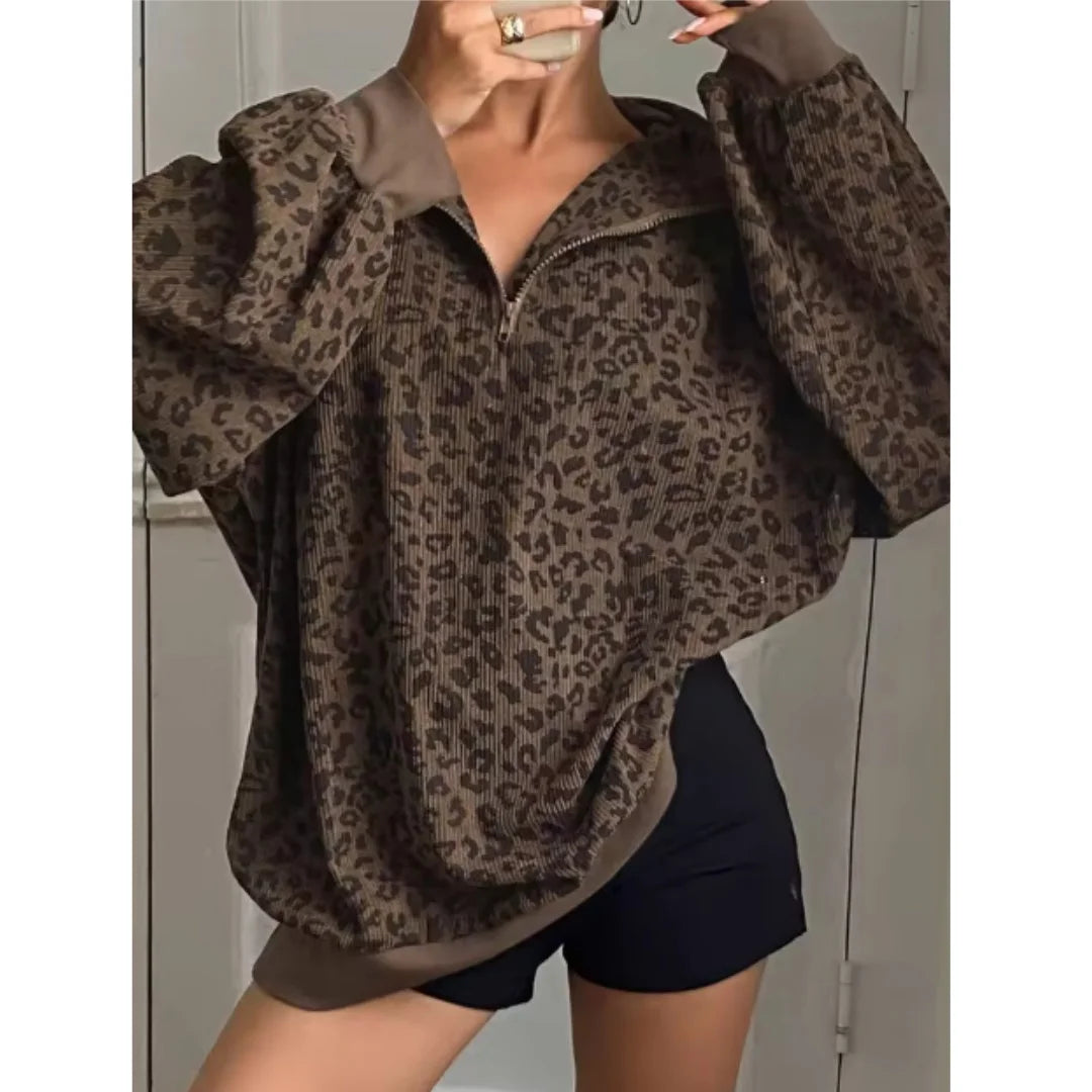 Women Casual Zipper Long Sleeve Leopard Sweatshirt Loose Oversize Retro Hoodie Stand Collar Corduroy Outerwear Pullover Autumn