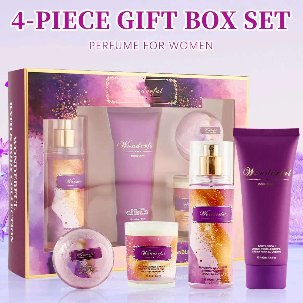Women's Fragrance Sets 3.4fl.oz Body Mist, 3.4fl.oz Body Lotion, 3oz Candle and 2oz Bath Product 4 Pcs WONDERFUL Gift for Women