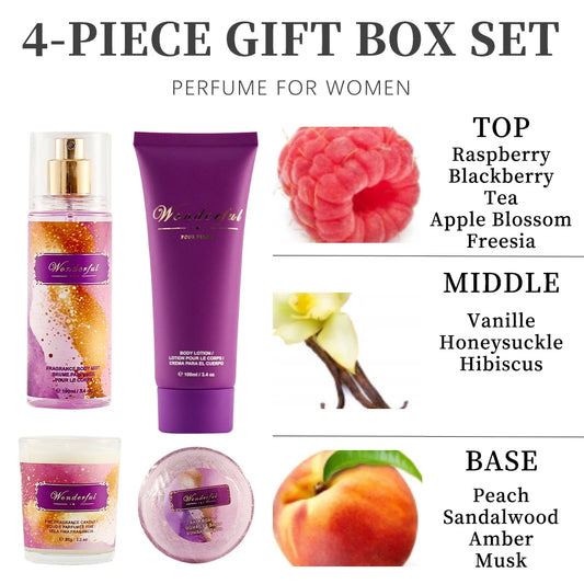 Women's Fragrance Sets 3.4fl.oz Body Mist, 3.4fl.oz Body Lotion, 3oz Candle and 2oz Bath Product 4 Pcs WONDERFUL Gift for Women