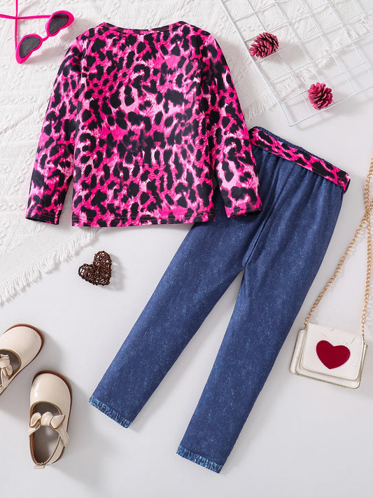 2-Piece Spring and Autumn Girls Fashion Set Pink Leopard Print Knit Round Neck Cartoon Print Long Sleeve + Dark Blue Slim Pants