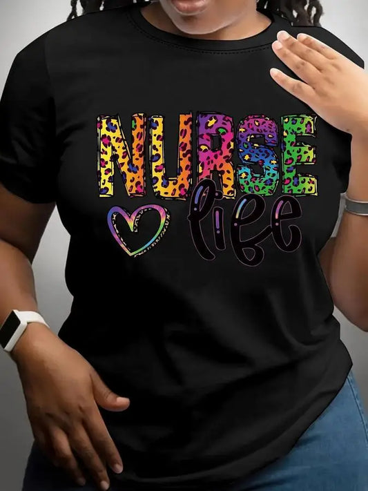 Nurse Life T Shirt Women Colorful Rainbow Leopard Print Graphic Tees Neon Letter Heart Printed Black Crew Neck Short Sleeve Top Healthcare Worker Outfits
