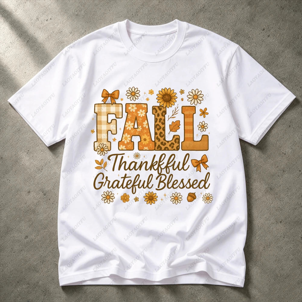 2026 Fall Thankful Grateful Blessed Daisy Graphic Women Casual Short Sleeve Cotton T-Shirt Vintage Thanksgiving Grateful Shirt