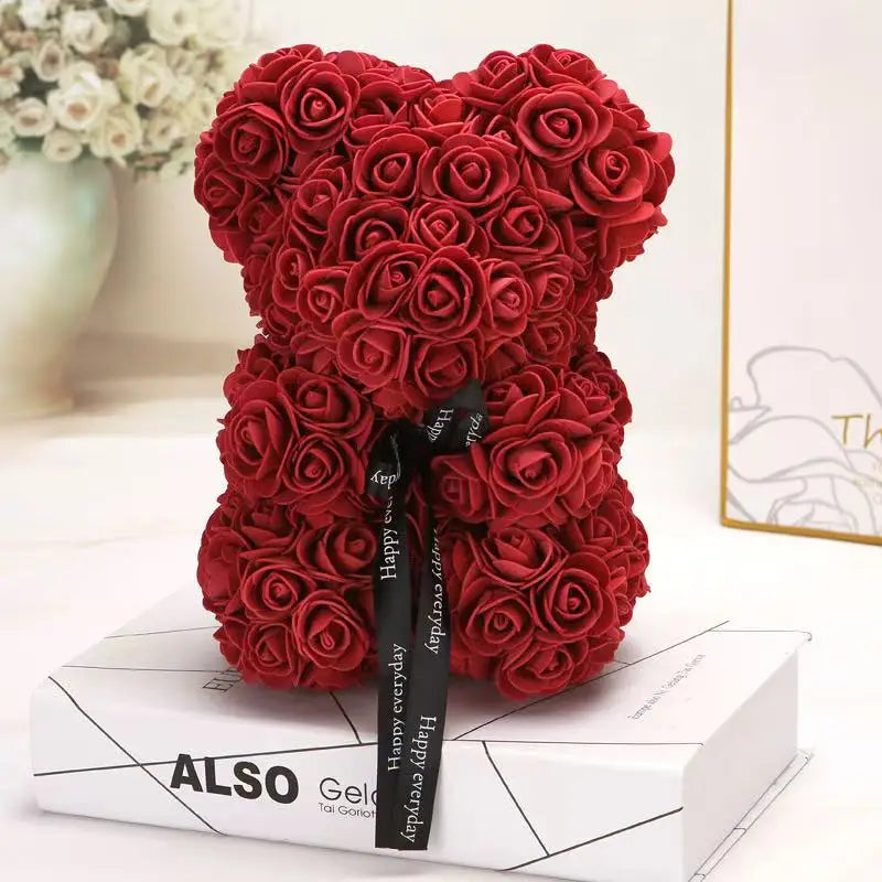 25cm Artificial Teddy Rose Flower Bear with Box Romantic Valentines Day Gift Girlfriend Women Anniversary Wedding Party Supplies