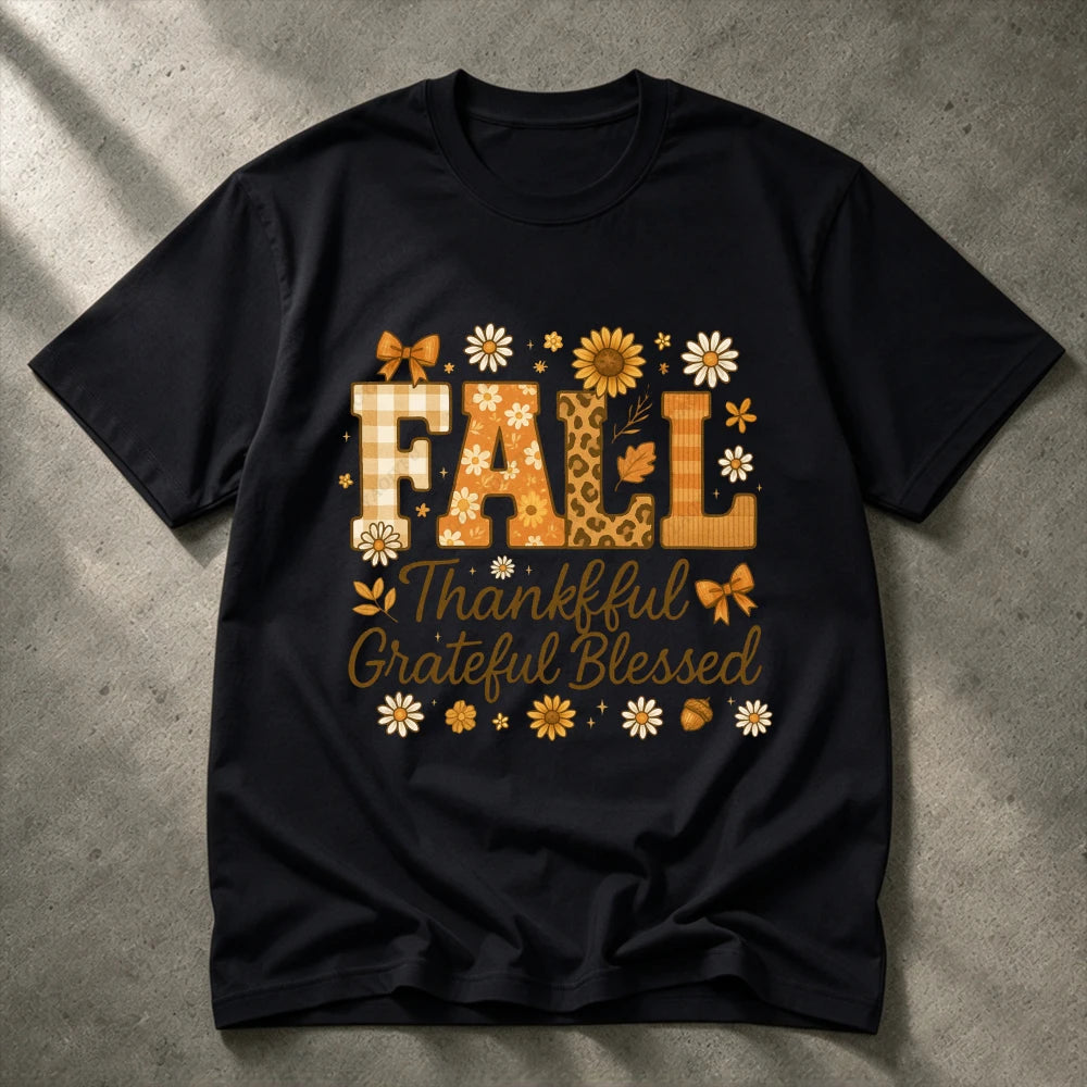 2026 Fall Thankful Grateful Blessed Daisy Graphic Women Casual Short Sleeve Cotton T-Shirt Vintage Thanksgiving Grateful Shirt