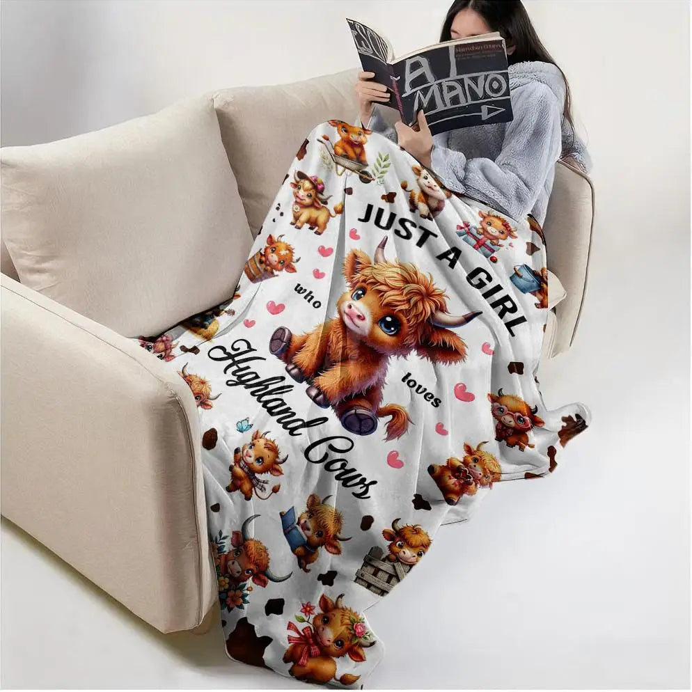 1PC Throw Cute Highland Cow Flannel Blanket for Couch Bed Sofa Warm Blankets Perfect Festival Gifts for a Girl Boy Who Loves Cow