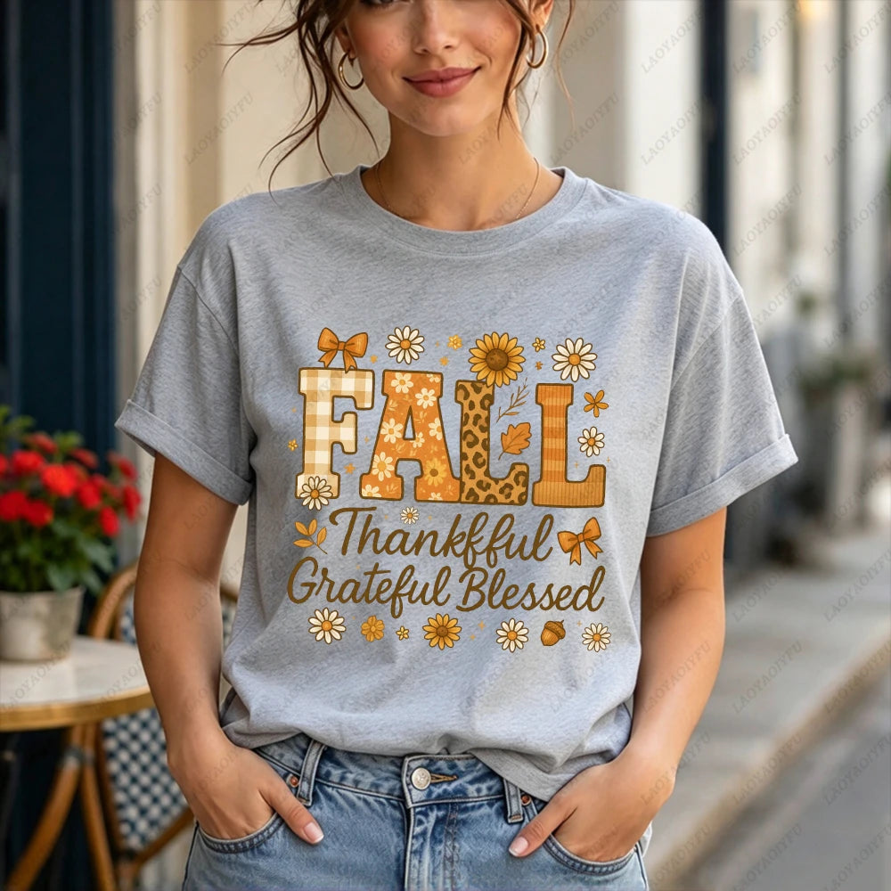 2026 Fall Thankful Grateful Blessed Daisy Graphic Women Casual Short Sleeve Cotton T-Shirt Vintage Thanksgiving Grateful Shirt